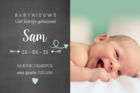 Geboortekaart jongen krijtbord handlettering en eigen foto