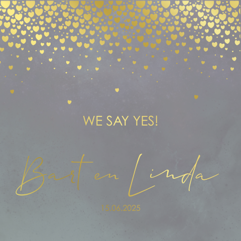Hippe trouwkaart grijs-blauw velvet en goudfolie hartjes