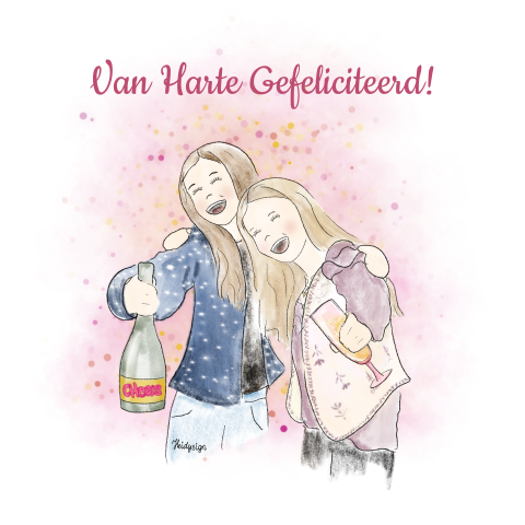 Vrolijke felicitatiekaart met vriendinnen en champagne