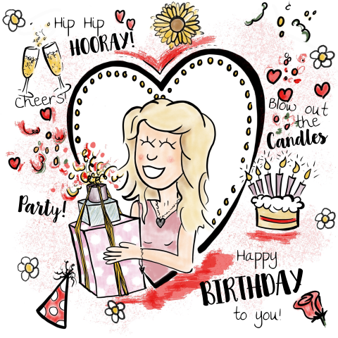 Verjaardagskaart tekening met cadeautjes, hartjes en confetti
