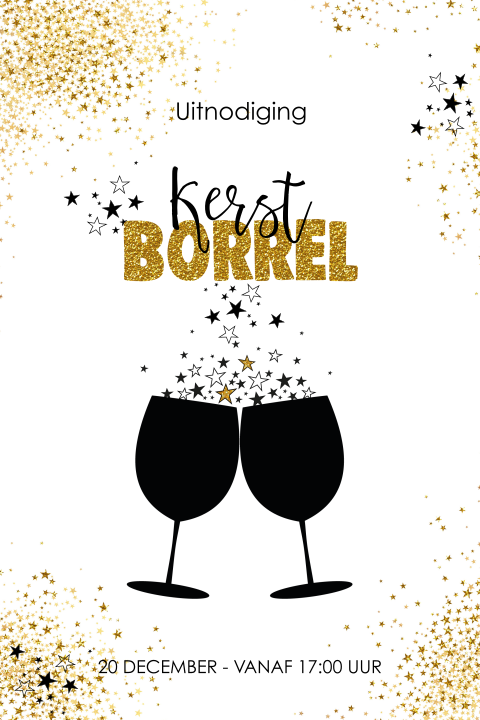 Hippe uitnodiging kerstborrel gouden sterren en wijn