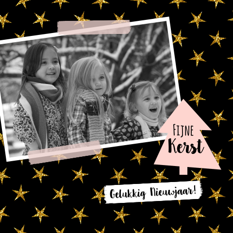 Rondhoek kerstkaart met foto gouden sterren en een kerstboom
