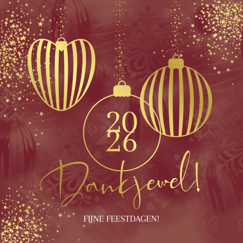 Zakelijke kerstkaart met jaartal 2026 en goudfolie kerstballen