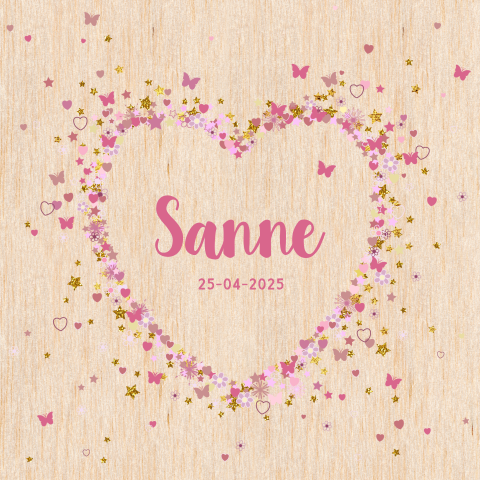HOUT Geboortekaartje meisje hart van hartjes sterren en bloemen Sanne