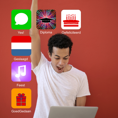 Geslaagd! Originele felicitatie kaart met foto en app iconen