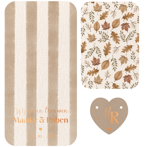 Trouwkaart hartvorm label herfst en koperfolie | Soft Autumn Romance