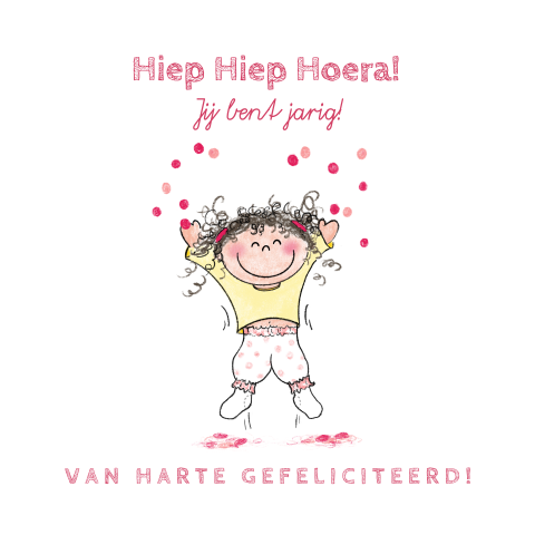 Verjaardagskaart vrolijke tekening meisje met roze confetti