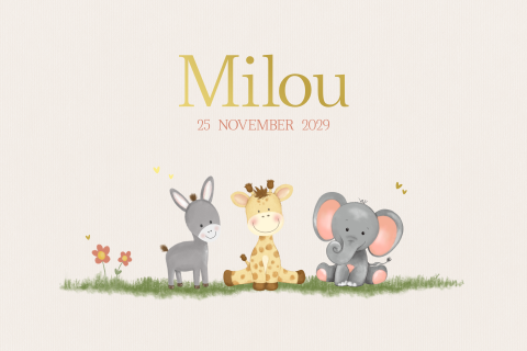 Geboortekaartje Milou met lieve dierenvriendjes en goudfolie