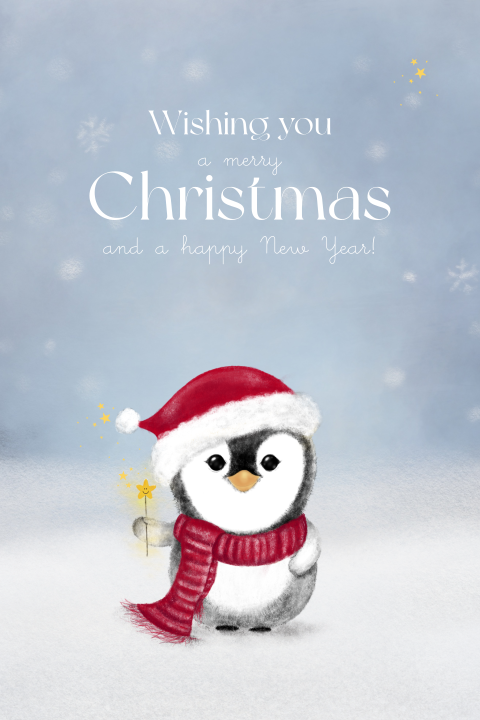 Winterse Pinguïn Kerstkaart – Sneeuw & Merry Christmas