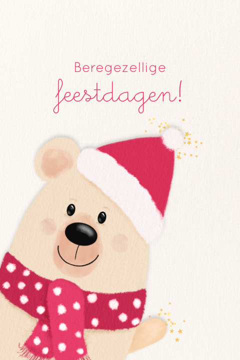 Kerstkaart met schattig beertje en roze sjaal