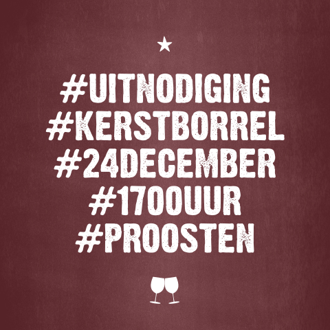 Trendy kerstkaart uitnodiging #kerstborrel met hashtags