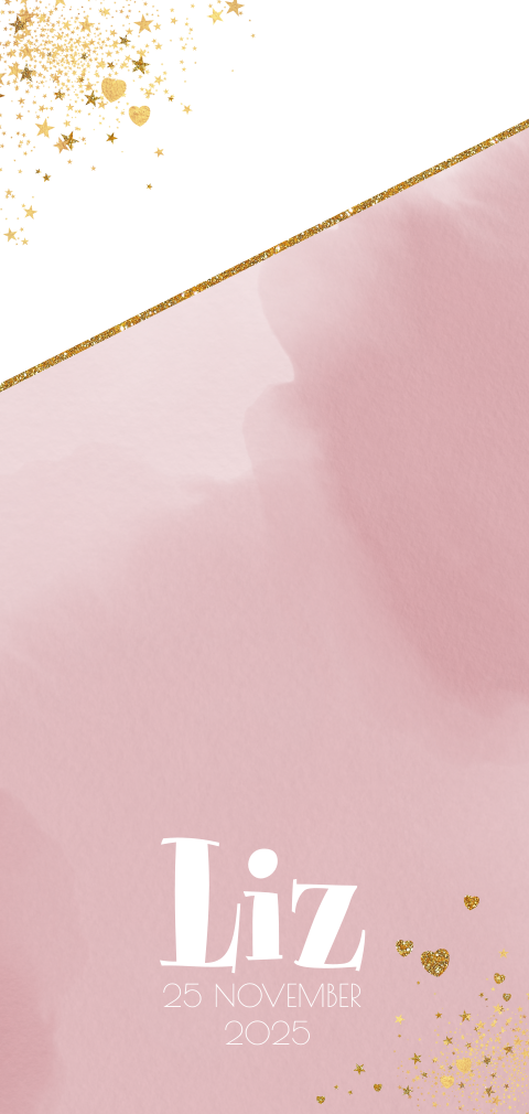 Trendy geboortekaartje waterverf en glitter sterren en hartjes Liz