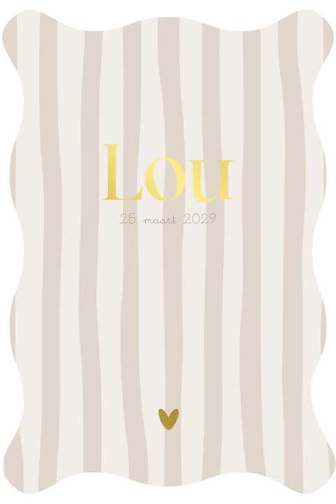 Geboortekaartje met golfrand en beige strepen met goudfolie hart