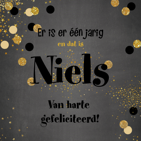 Stoere verjaardagskaart krijtbord met naam en confetti