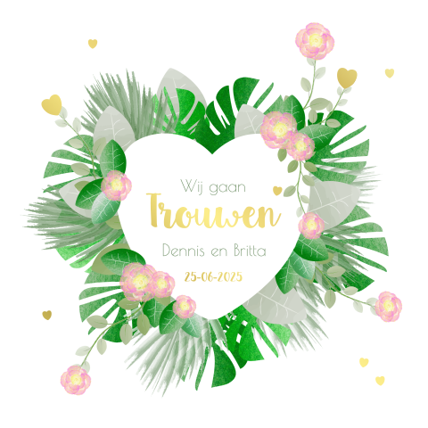 Trouwkaart goudfolie botanische stijl hartjes en bloemen