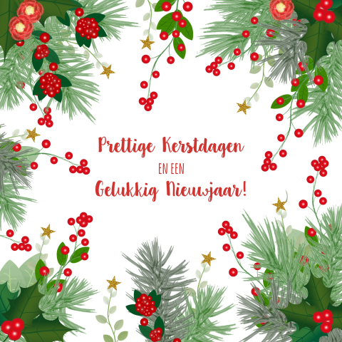 Kerstkaart botanica groene kersttakken en rode bessen
