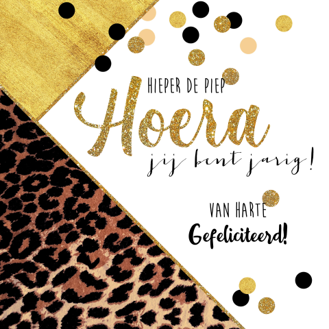 Hippe verjaardagskaart panterprint en confetti