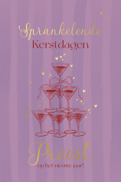 Kerstkaart Proost – Champagneglazen met goudfolie sprankeling