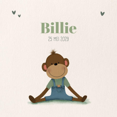 Schattig geboortekaartje jongen tekening van een aapje