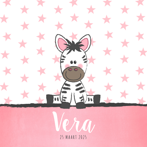 Schattig roze geboortekaartje sterren en illustratie zebra Vera