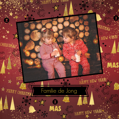 Rode foto kerstkaart met goudkleurig kerstpatroon