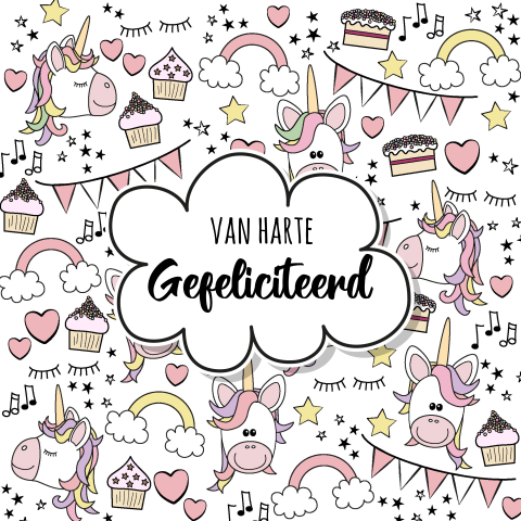 Verjaardagskaart meisje met unicorn cupcake slingers en sterren