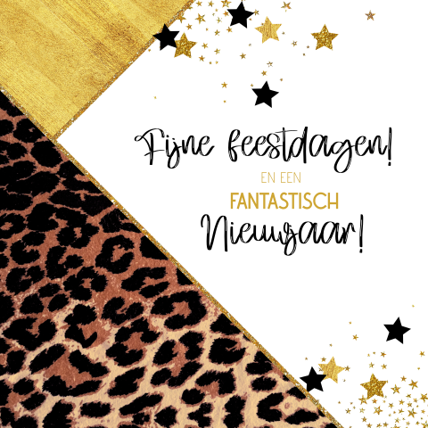 Stoere en feestelijke kerstkaart met panterprint en gouden sterren