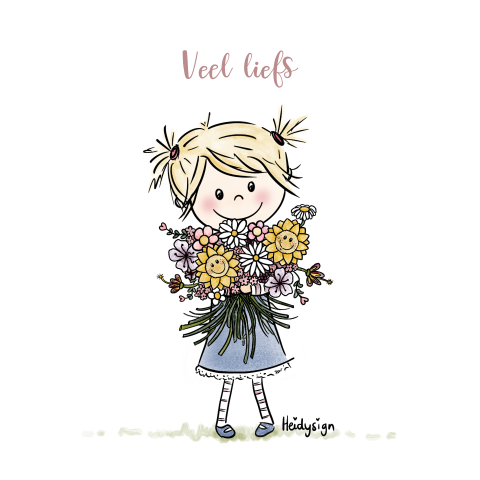 Schattig kaartje tekening meisje met een grote bos bloemen