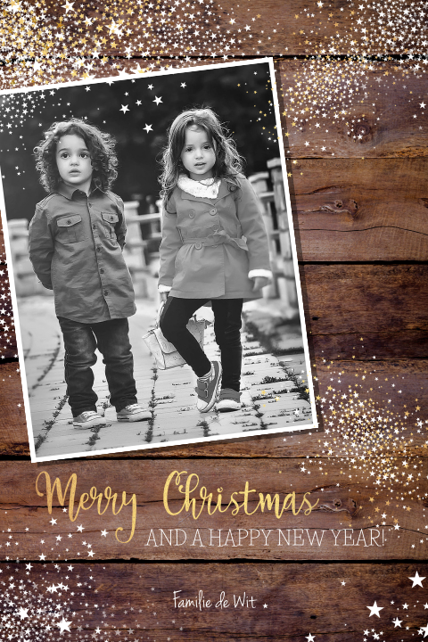 Stijlvolle kerstkaart met foto hout en kleine sterretjes