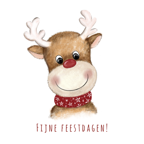 Grappige kerstkaart met een tekening van een schattig rendier