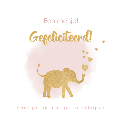 Felicitatie geboorte meisje waterverf en silhouet olifant