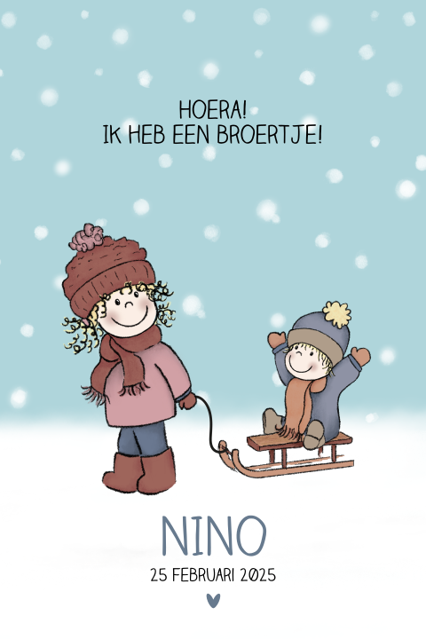 Winters geboortekaartje broertje kindjes in de sneeuw
