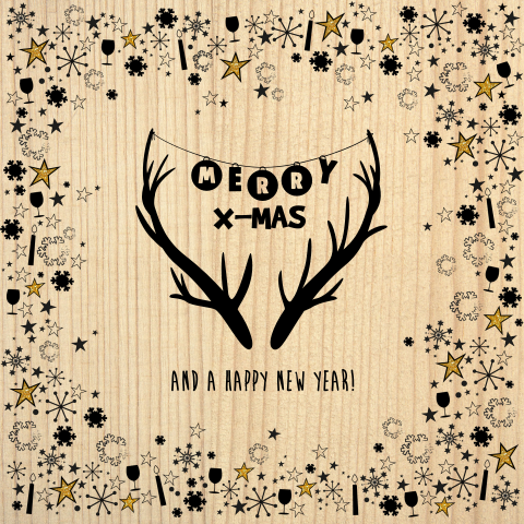 Hippe kerstkaart wijnkist hout gewei kerstballen kaarsjes en sterren