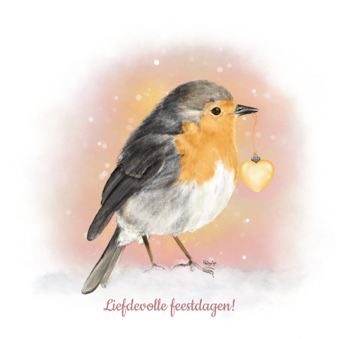 Kerstkaart met een roodborstje en een harten kerstbal
