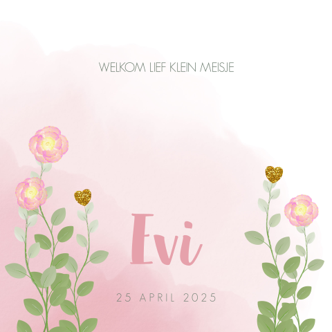 Geboortekaart meisje roze waterverf en bloemen