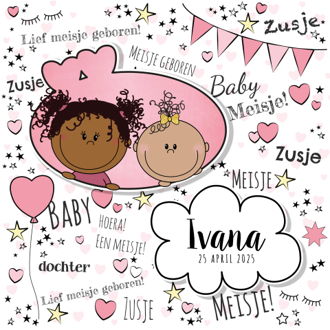 Hippe geboortekaart zusje handlettering Ivana