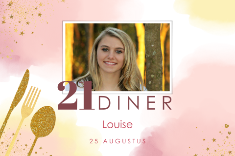 Uitnodiging 21 diner met foto zomerse pasteltinten waterverf