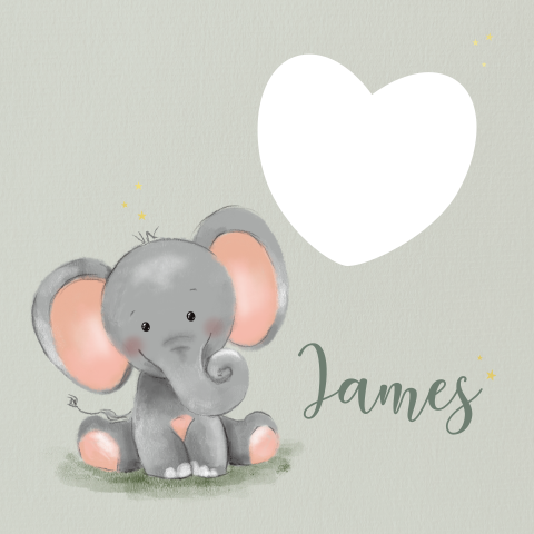 Geboortekaartje met lief olifantje en hartje doorkijkje