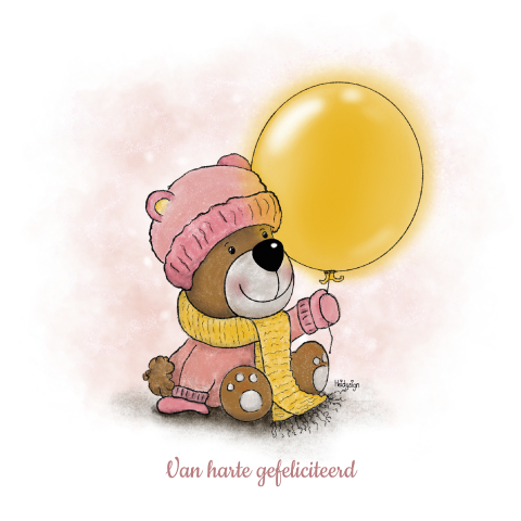 Verjaardagskaart meisje tekening lief beertje met grote ballon