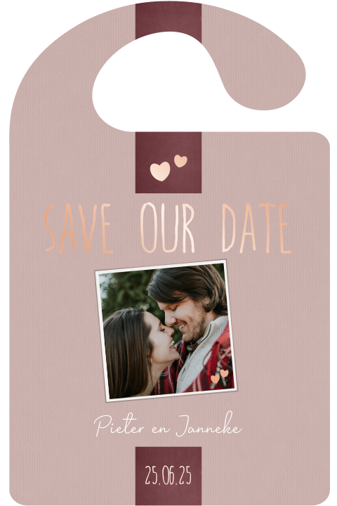 Save the date kaart deurhanger vorm oudroze