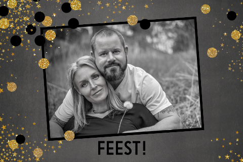 Uitnodiging feest met foto, krijtbord en confetti