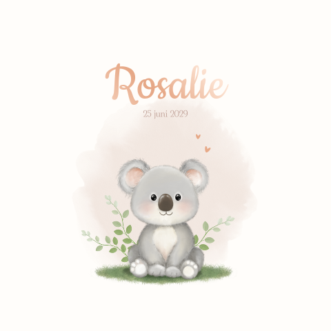 Geboortekaartje meisje met fluffy koala en eucalyptus takjes