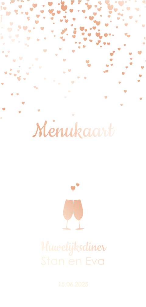 Trendy menukaart rosé goudfolie met een hart van hartjes