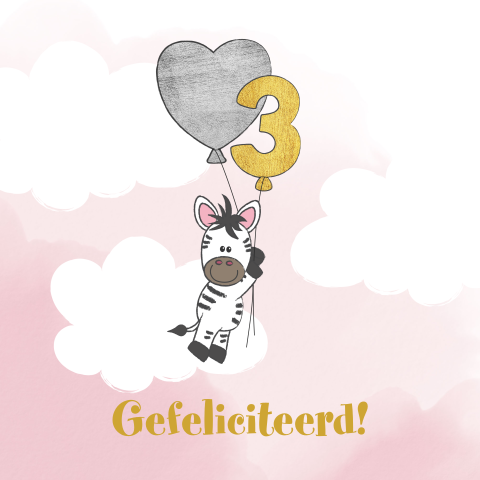 Vrolijke roze verjaardagskaart met een lieve zebra en ballonnen 3 jaar