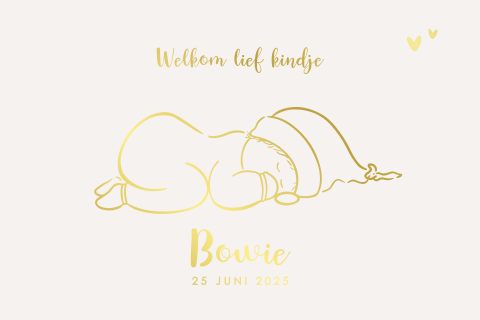 Stijlvol geboortekaartje lijntekening baby gedrukt met goudfolie