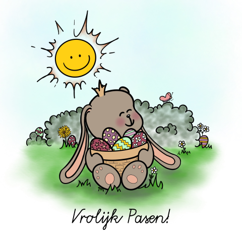 Pasen Paaskaart paashaasje met paaseieren en kleurplaat binnenkant