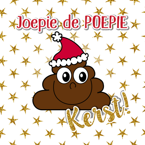 Grappige kerstkaart met sterren en een drol emoji met kerstmuts