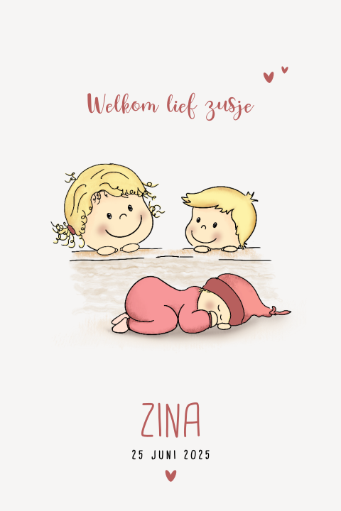 Geboortekaartje derde kindje met tekening zus broer en baby meisje