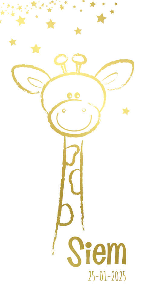 Geboortekaart goudfolie lief en vrolijk girafje met sterren Siem