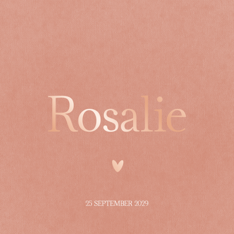 Minimalistisch geboortekaartje met roségoudfolie en ribstructuur